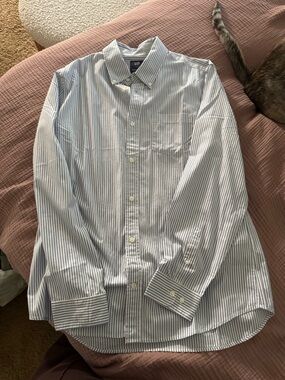 GAP Men's Blue and White Striped Button-Down Shirt